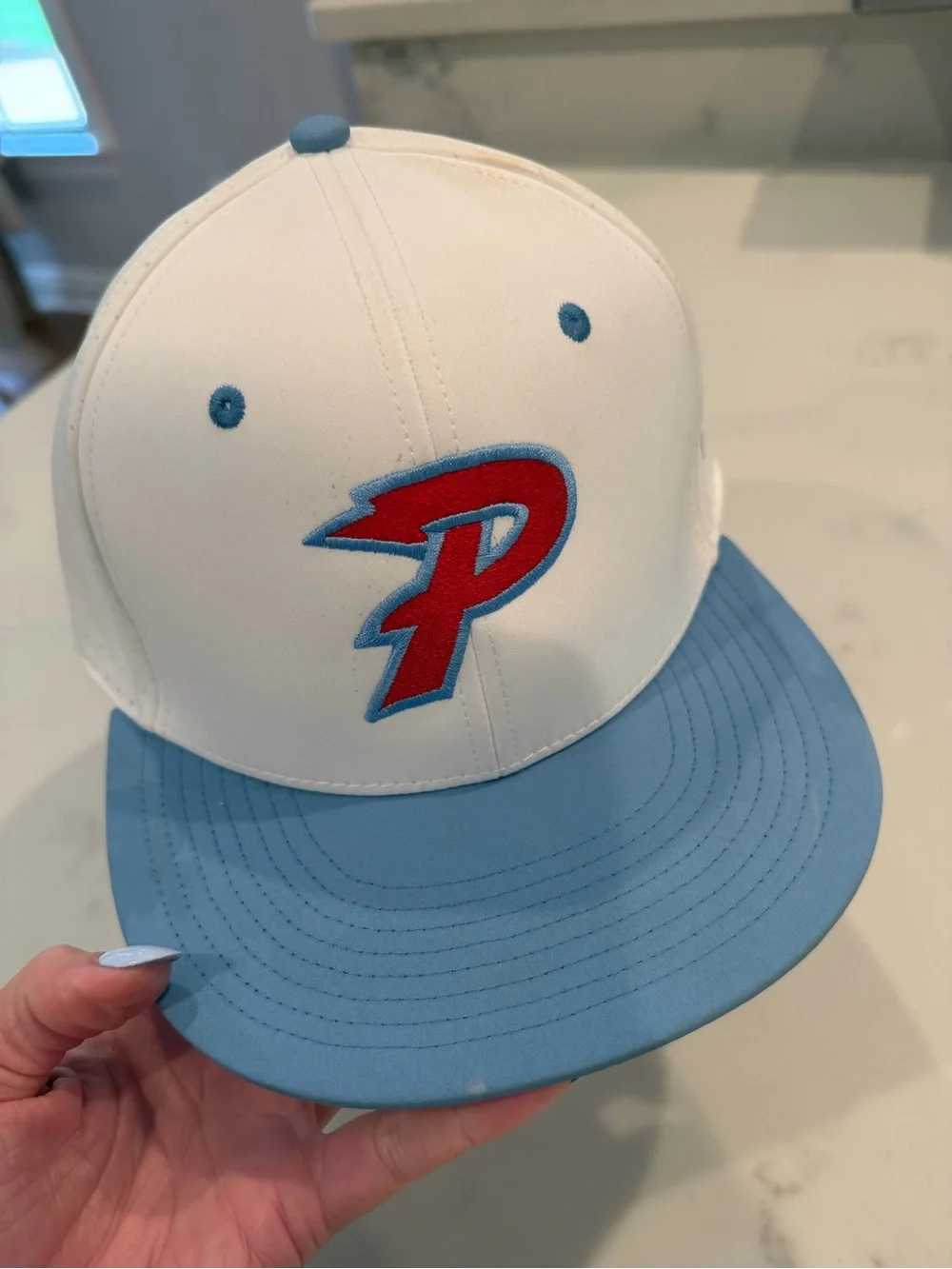 The Game White and Light Blue Snapback Hat with Red 'P' Emblem